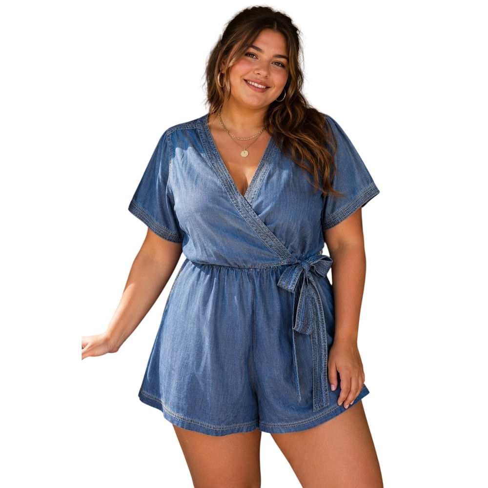 Pilcro Anthropologie Women's Romper Blue Denim Wrap Tie Lyocell Linen Size 12